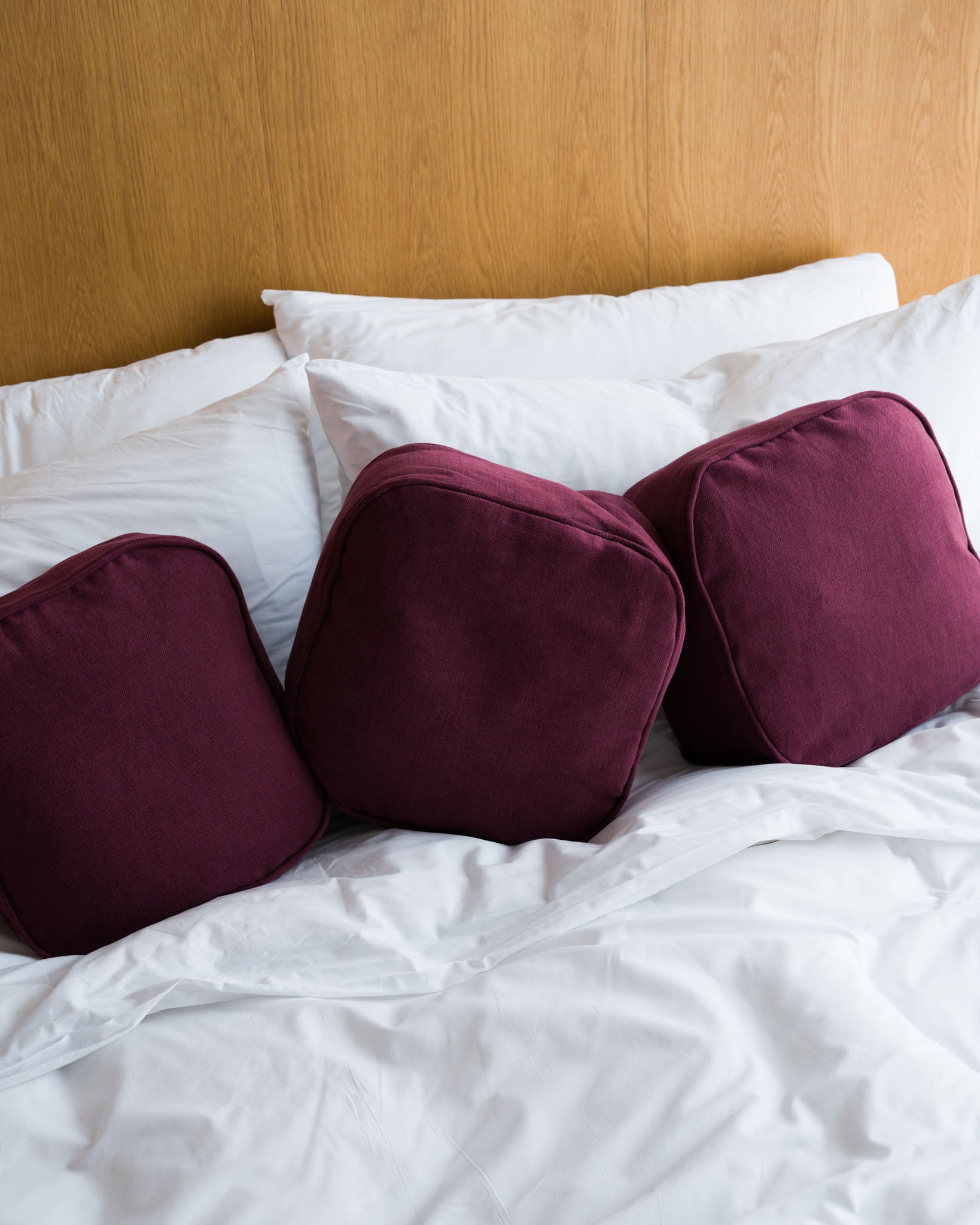 Puff Radicchio linen cushion, styled interior, sculptural cushion by Studio Nicholas, Noosa