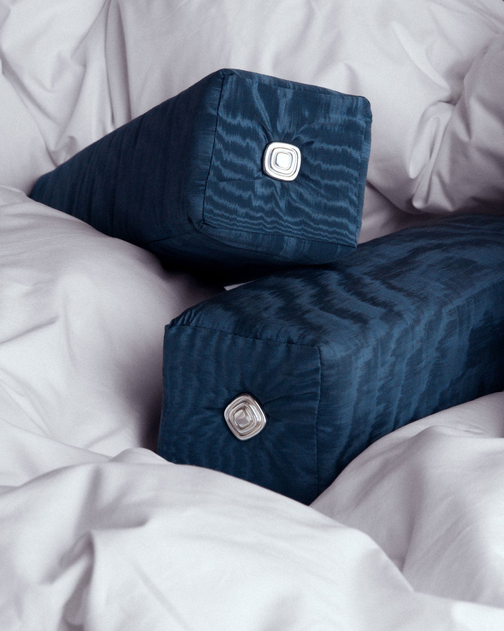 Lull moiré bolster in Lake blue, styled interior, designer bolster by Studio Nicholas, Noosa