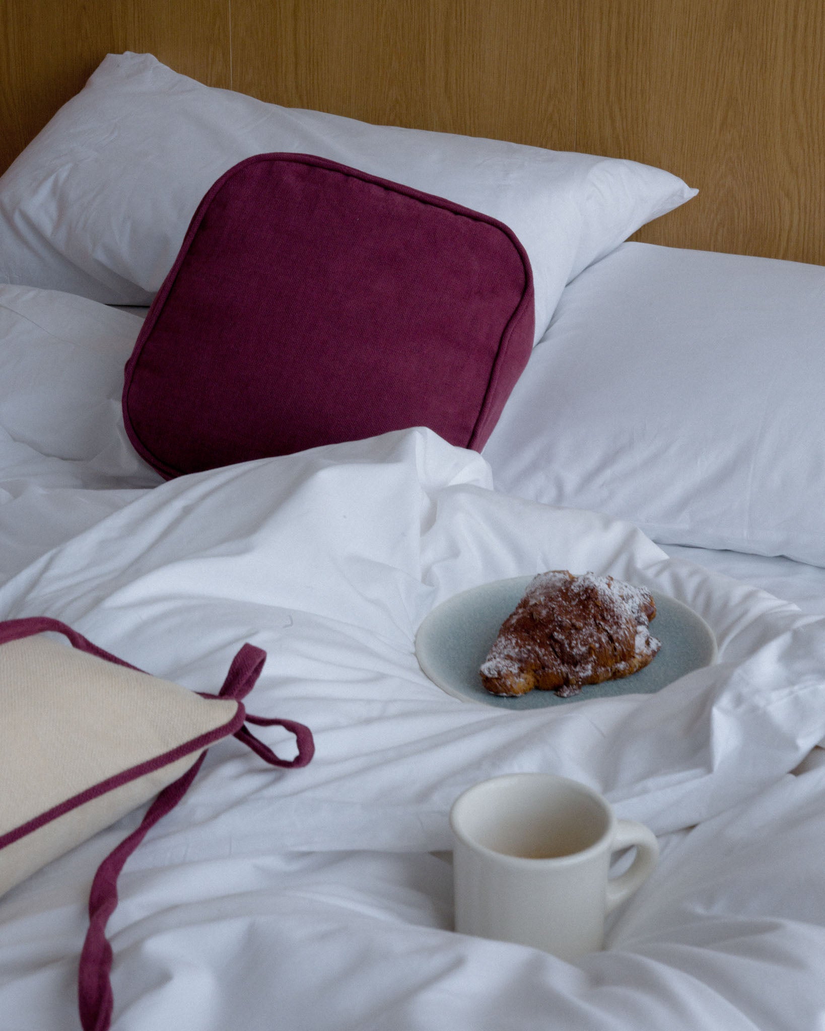 Puff cushion in Radicchio and Trace cushion in Butterbean, linen union, Soft Service by Studio Nicholas, Noosa