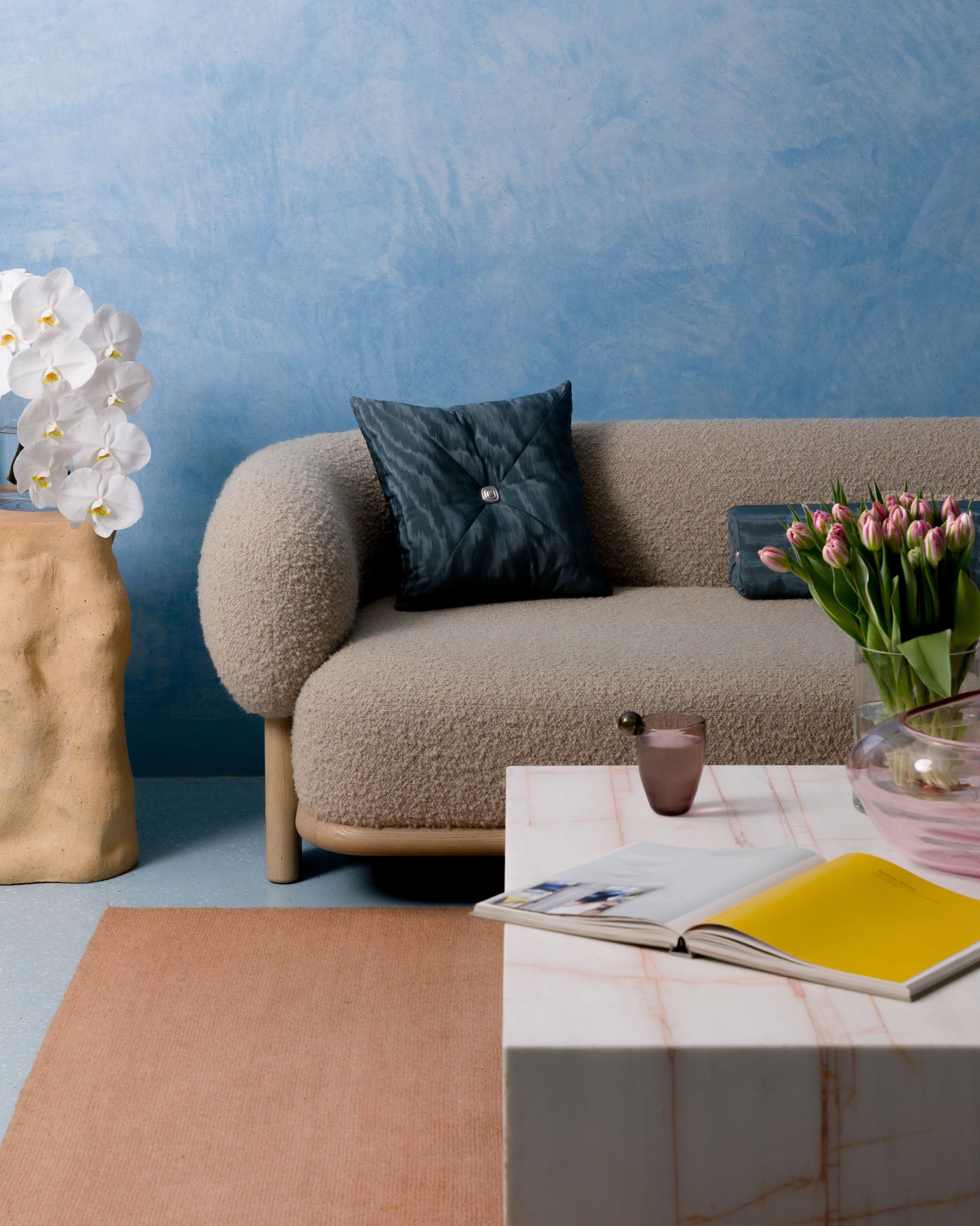 Hush moiré cushion and Lull moiré bolster in Lake blue, Soft Service by Studio Nicholas, Noosa