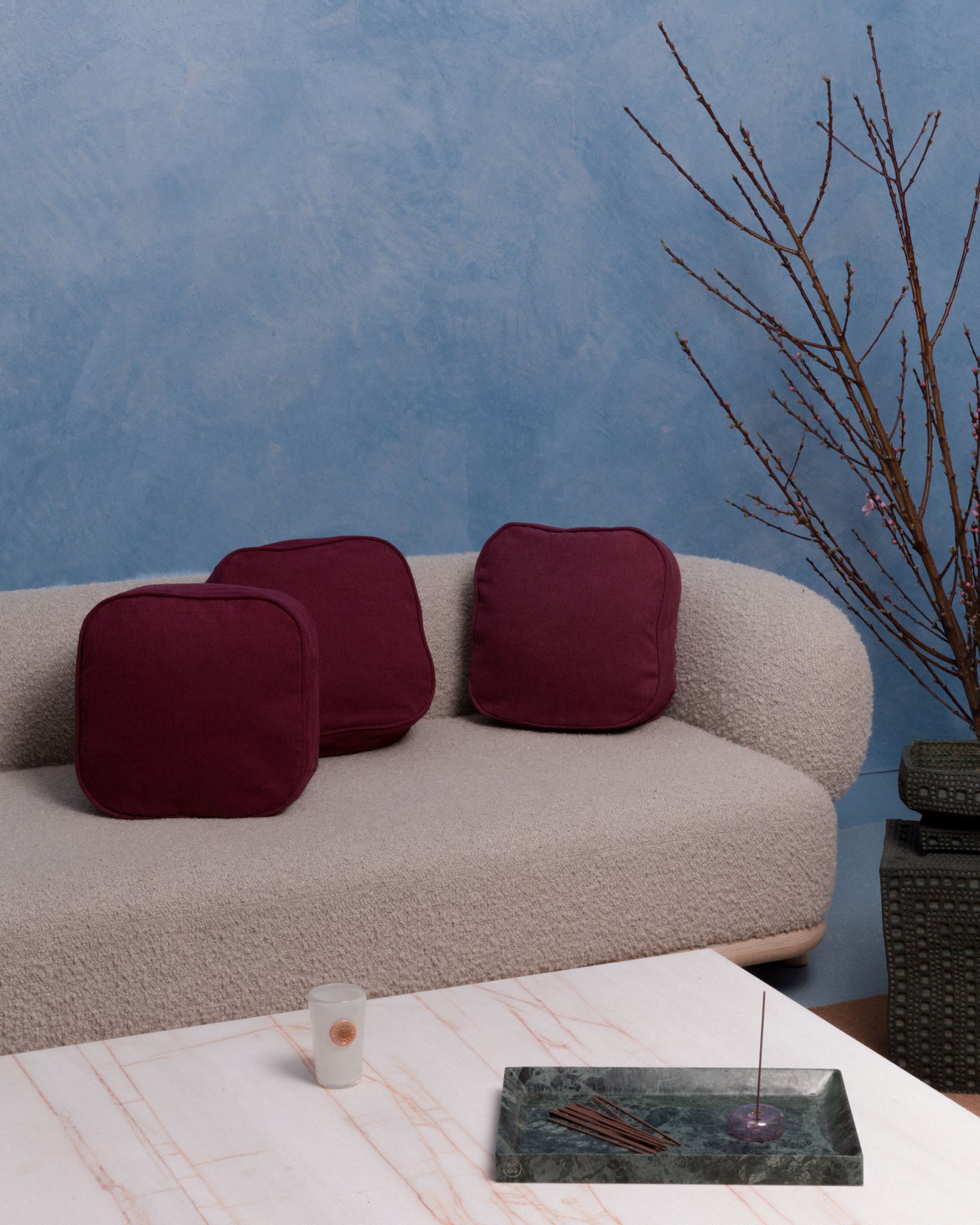 Puff linen union cushion in Radicchio in a styled interior, Soft Service by Studio Nicholas, Noosa