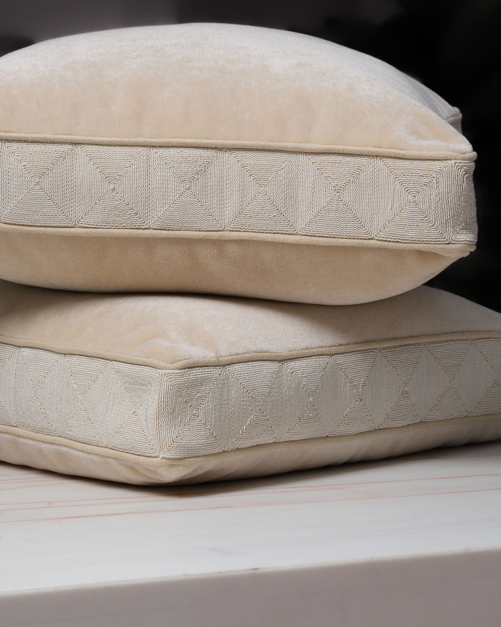Chime Cream mohair velvet cushion, styled interior, limited edition by Studio Nicholas, Noosa