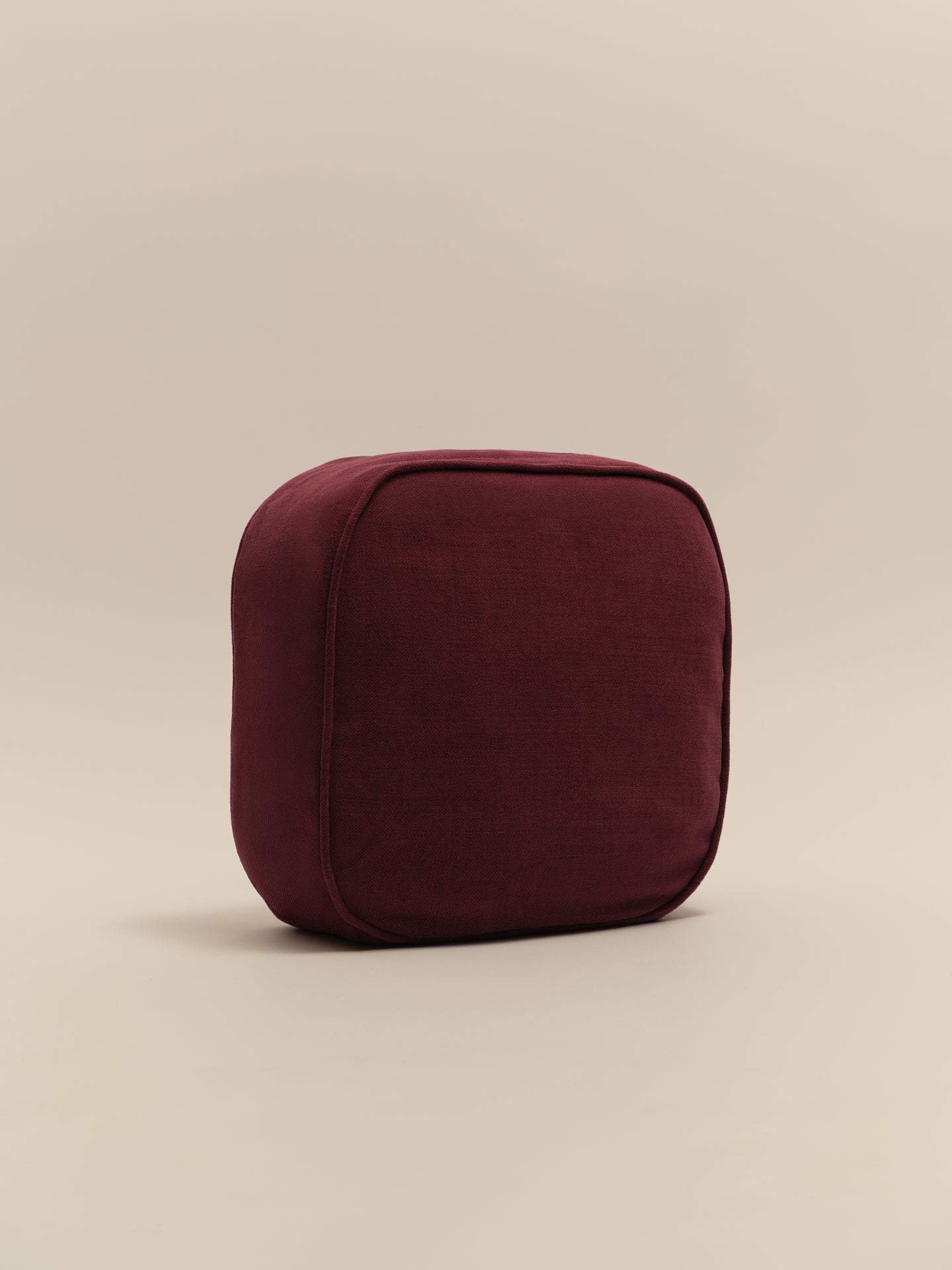 Puff linen union cushion in Radicchio, 30 x 30 x 12cm, angled view, Soft Service by Studio Nicholas, Noosa
