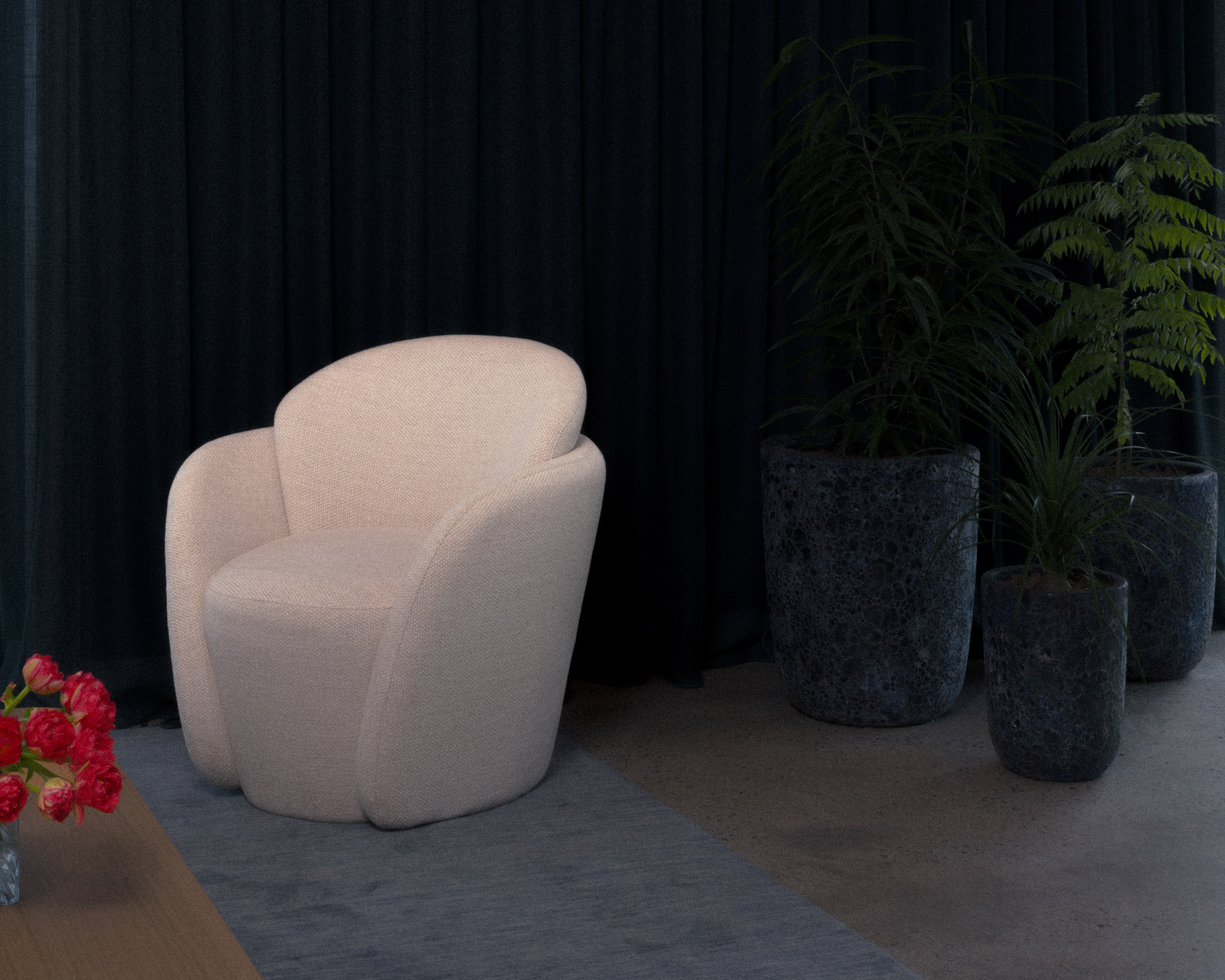 Cream armchair styled against dark navy drapery with textured stone planters and indoor ferns in a moody contemporary interior — luxury furniture and interior design styling by Studio Nicholas Noosa Queensland Australia